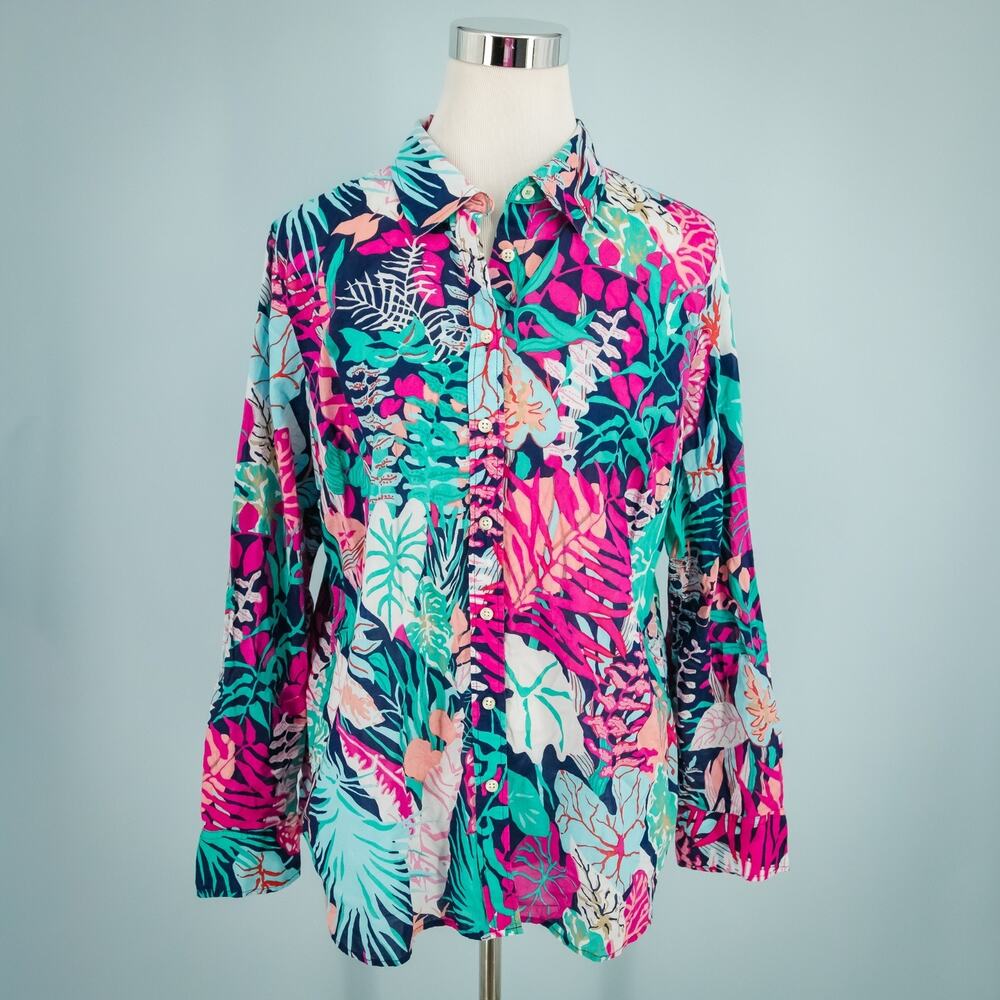 Talbots Size Large L Classic Shirt Jungle Botanical Tropical Print Button Top